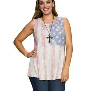 Vocal Apparel Plus Size USA Flag Taupe Knit Top with Rhinestones 2XL